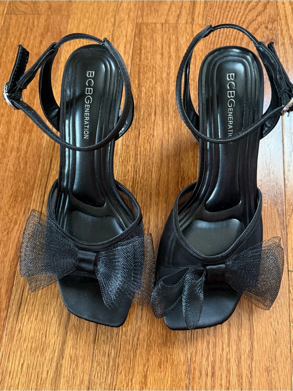 BCBGeneration Black Mesh Bow Ankle-Strap Heels - Picture 3 of 6